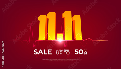 11.11 Online sales day coming banner. Red background special offers and promotion template design.