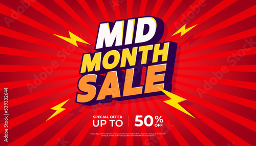 Mid month sale banner template design. Big sale event on red background. Social media, shopping online. vector photo