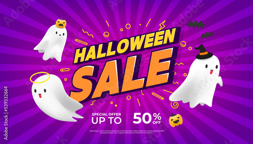 Halloween sale banner template design. Halloween sale event with cute ghosts on purple background. Social media, shopping online. vector