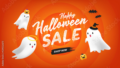 Halloween sale banner template design. Halloween sale event with cute ghosts on orange background. Social media, shopping online. vector
