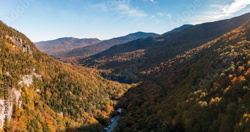Aerial panorama of Smugglers Notch looking to the north in fall colors