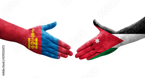 Handshake between Jordan and Mongolia flags painted on hands, isolated transparent image.