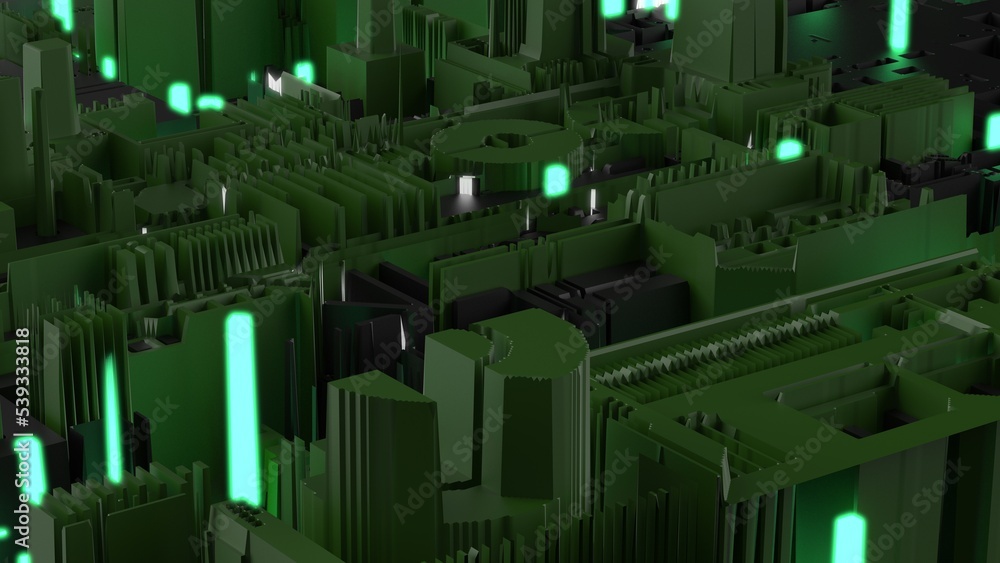 Black-dark green futuristic circuit technology with green LED point light. Concept 3D CG of hi-tech digital data connection system, computer electronic design and Sci-Fi Landscape. Black-dark green futuristic circuit technology with green LED point light. Concept 3D CG of hi-tech digital data connection system, computer electronic design and Sci-Fi Landscape.