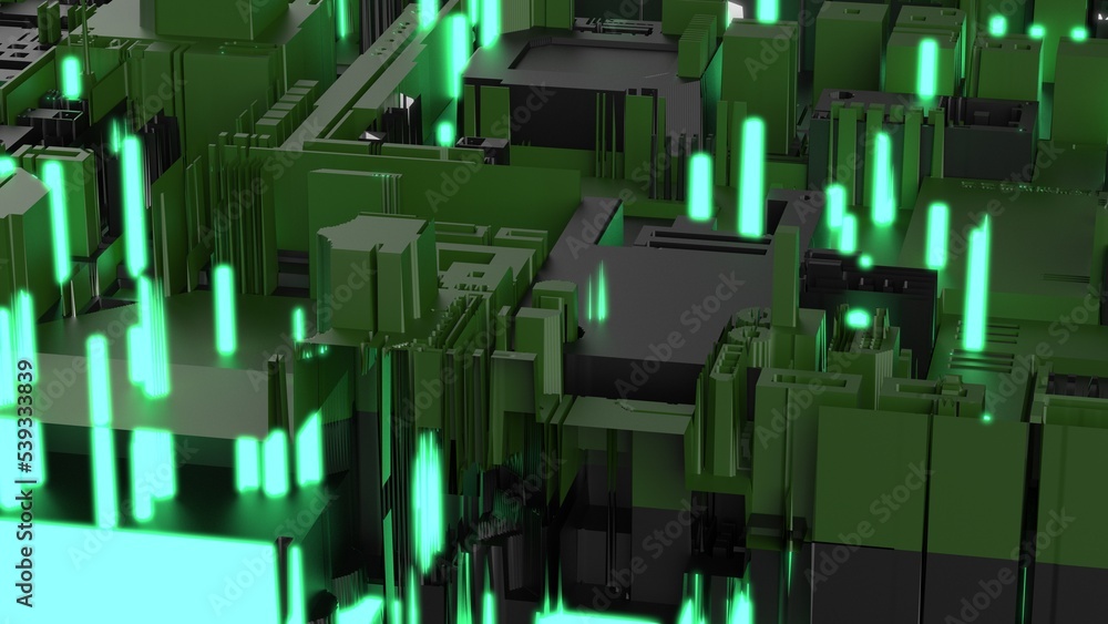 Black-dark green futuristic circuit technology with green LED point light. Concept 3D CG of hi-tech digital data connection system, computer electronic design and Sci-Fi Landscape.