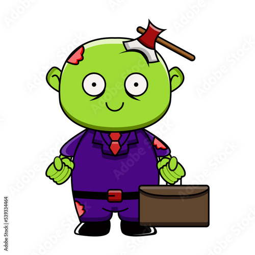 cute vector illustration of a zombie office worker with an ax stuck in his head