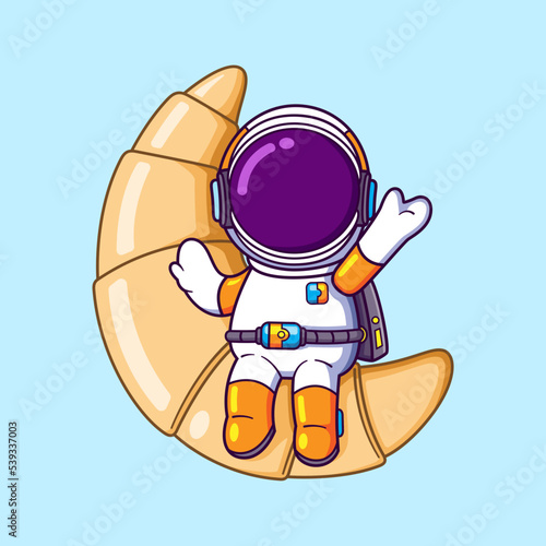 The astronaut is sitting on a big croissant and waving hand to greet someone