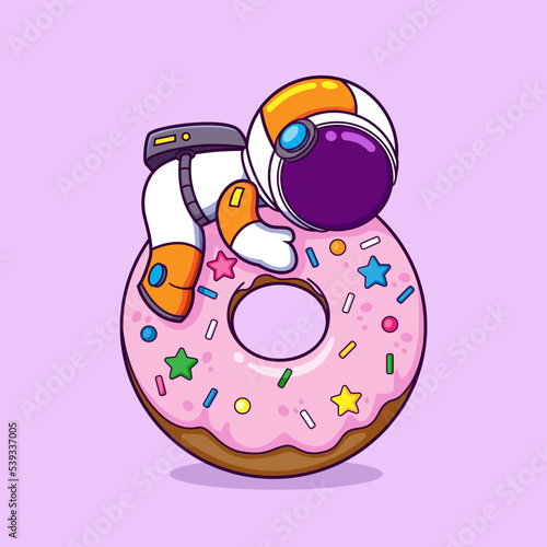The cute astronaut is hugging and loving his doughnut and do not want to eat it
