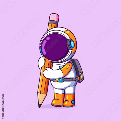 The astronaut is writing with a big pencil on his hand and learning something