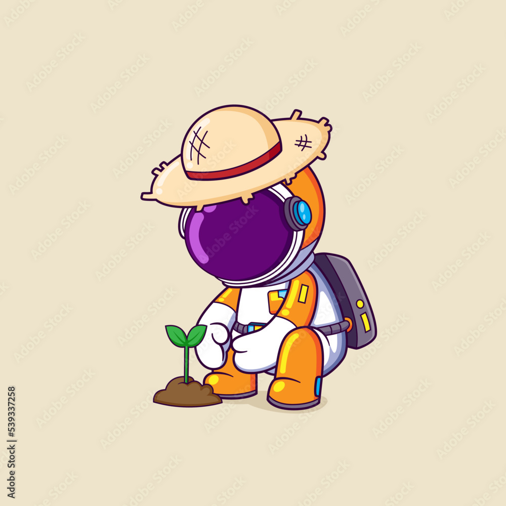 The astronaut is being a farmer and he is planting a seed then growing The astronaut is being a farmer and he is planting a seed then growing