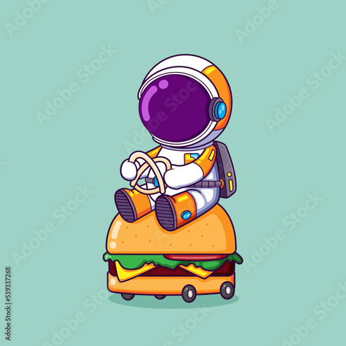 The astronaut is driving a burger car slowly that having a small wheels on it
