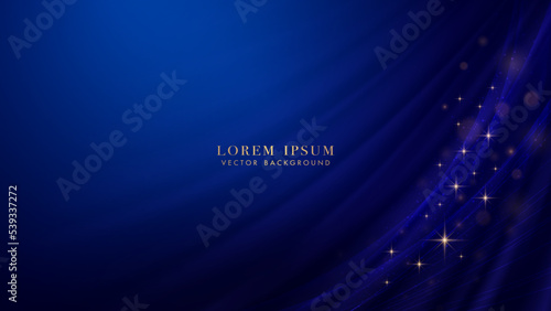 Blue curve with lines line element and bokeh, glitter light effect decoration on dark blue background
