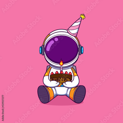 The astronaut is holding a birthday cake in a birthday party and celebrate it