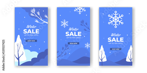 Social Media Stories winter sale offer discount promotion with flat blue color pine tree snowflake