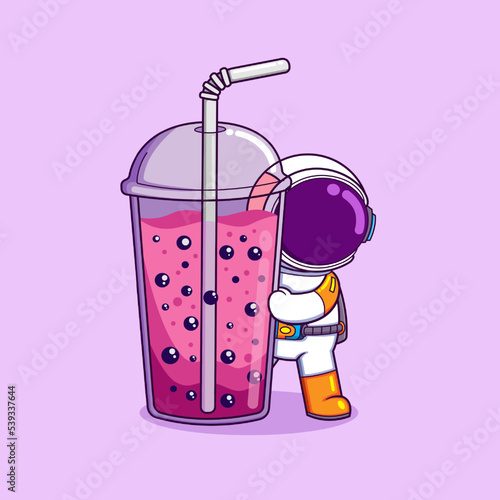 The astronaut is holding a very big boba drink and drinking it with a straw