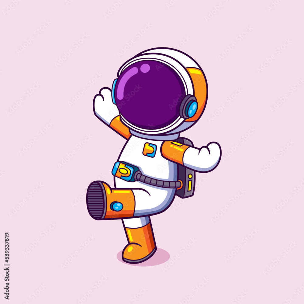 The happy astronaut is walking around while doing some action The happy astronaut is walking around while doing some action