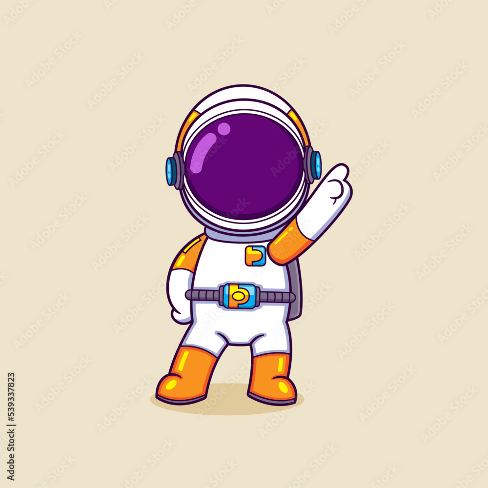 The cute astronaut is standing and having a funny pose with pointing up somewhere The cute astronaut is standing and having a funny pose with pointing up somewhere