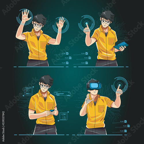 Artificial Intelligence Character Set.Portrait of business person touching button on invisible screen. Touch screen concept image. Isolated on gradient background