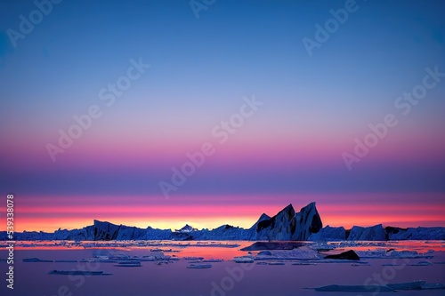 Fotografie, Obraz Arctic nature landscape with icebergs in Greenland icefjord with midnight sun sunset sunrise in the horizon
