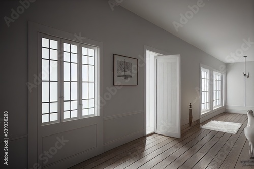 Scandinavian farmhouse hallway interior, wall mockup, 3d render