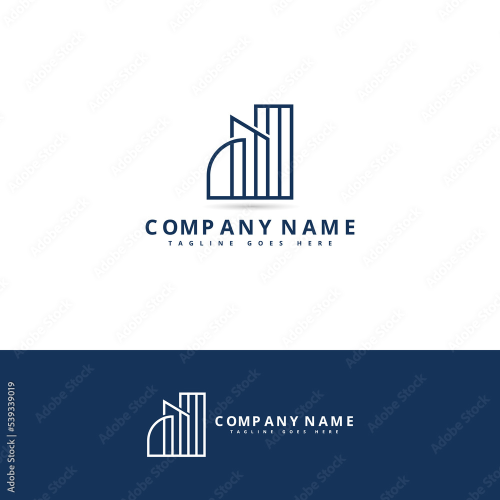 Symbol concept for accounting or real estate company. Vector design with commercial building and chart bars. Business logo concept. Symbol concept for accounting or real estate company. Vector design with commercial building and chart bars. Business logo concept.