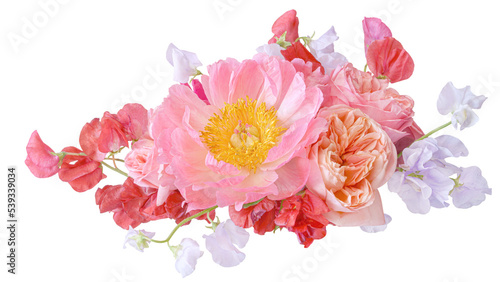 	
Bouquet of pink peonies and roses closeup isolated
