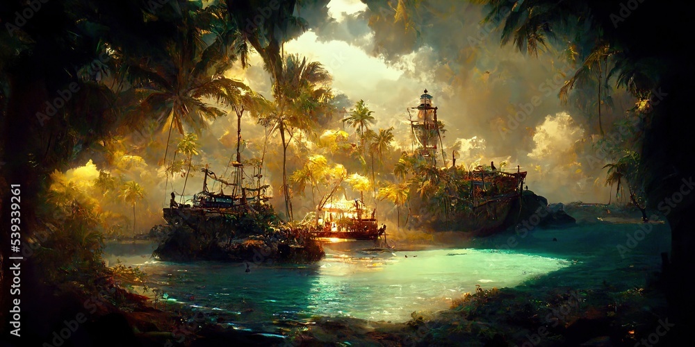 Tropical Island with treasure chest and broken pirate ship. Digital ...