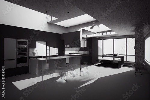 3D rendering of modern kitchen in a loft.