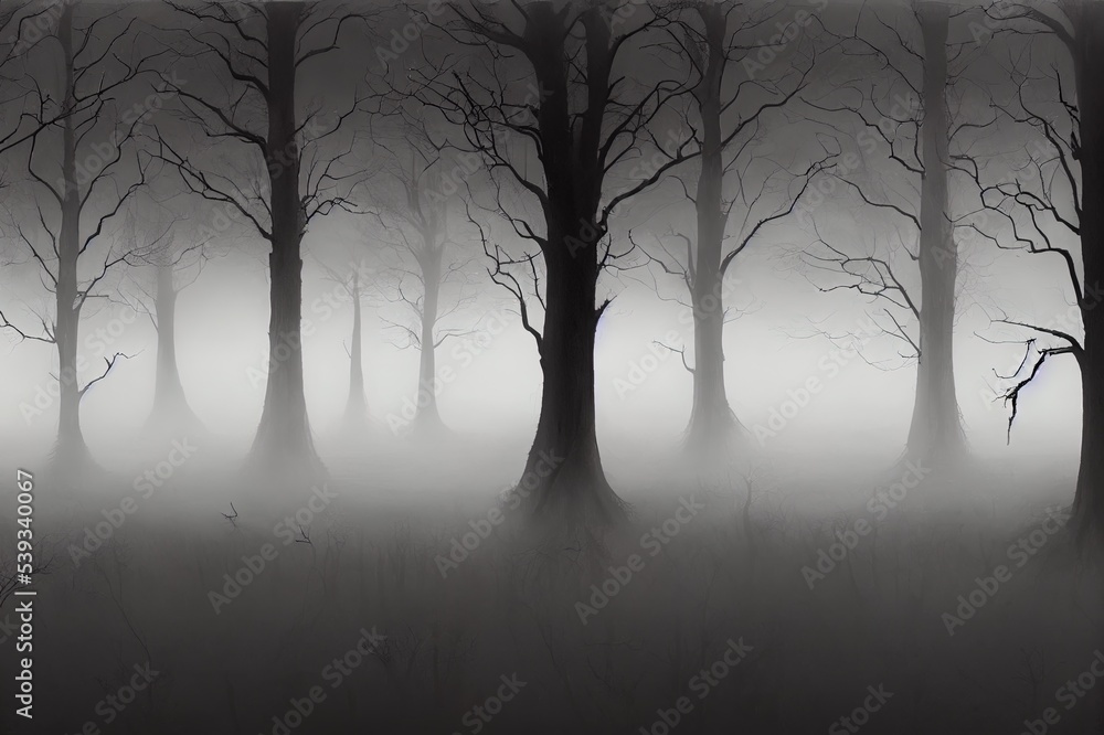 Obraz premium Spooky landscape showing silhouettes of trees in the swamp on misty autumn day.