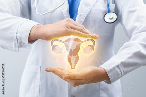 Gynecologist and female reproductive organs on virtual screen, closeup