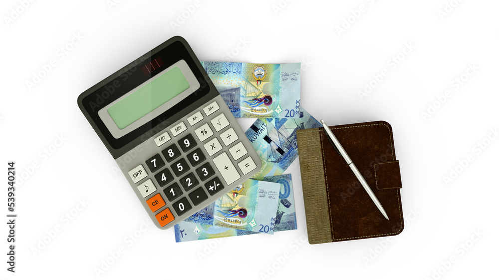 3D rendering of an isolated composition of Kuwaiti dinar notes, a calculator, a note book and a pen