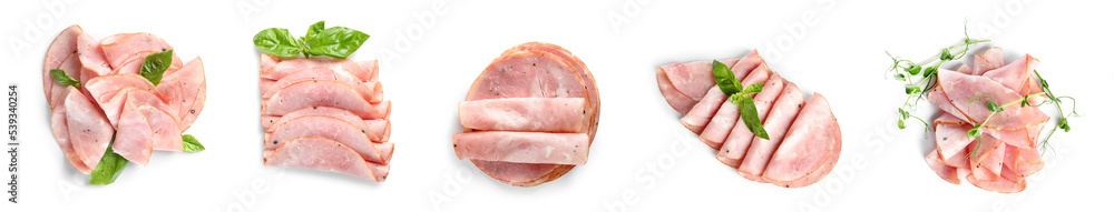 Set of of tasty ham isolated on white, top view