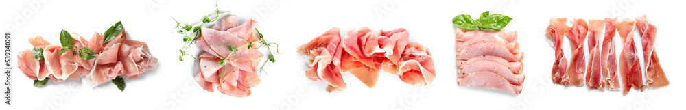 Set of of tasty ham isolated on white Set of of tasty ham isolated on white