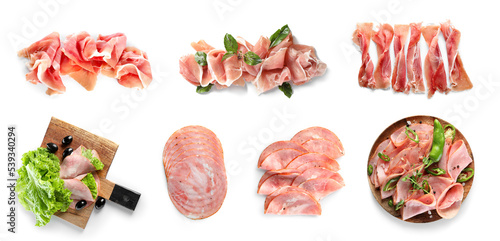 Set of of tasty ham isolated on white, top view