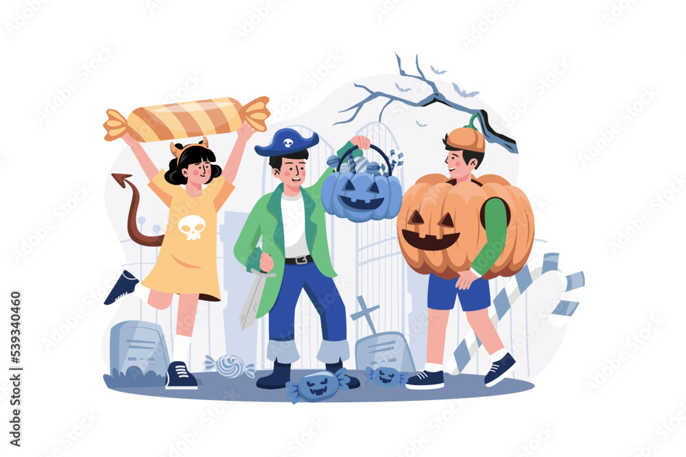 Three children dressed with pumpkins. Halloween concept.