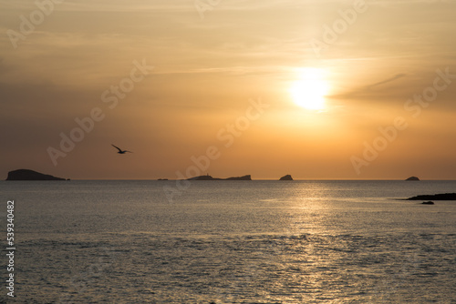 Sunset on the island of Ibiza with the sun setting on the horizon and orange colors in the sky © Rafael Prendes