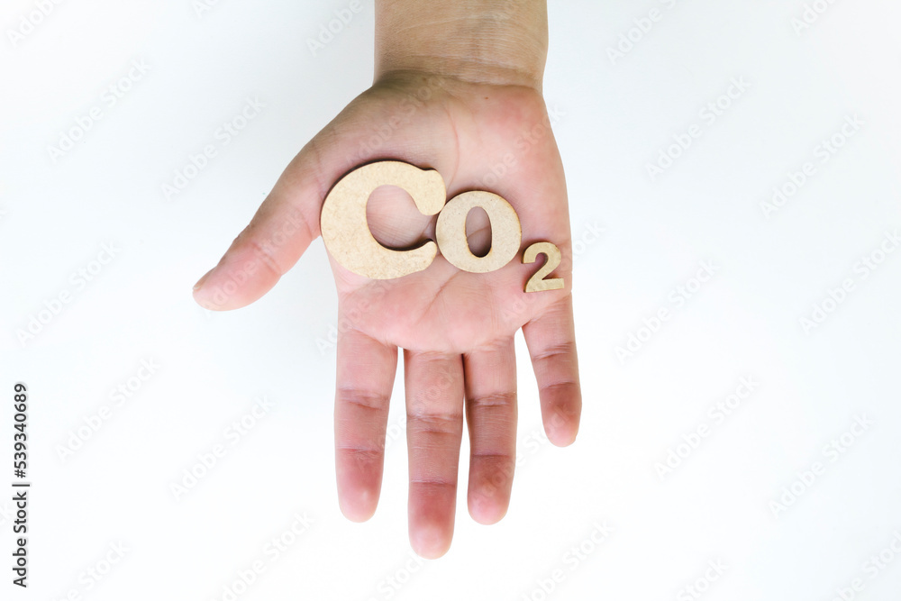 CO2 emission concept. Wooden icons Global warming. Concept of clean and friendly environment without carbon dioxide emissions. Sustainable development