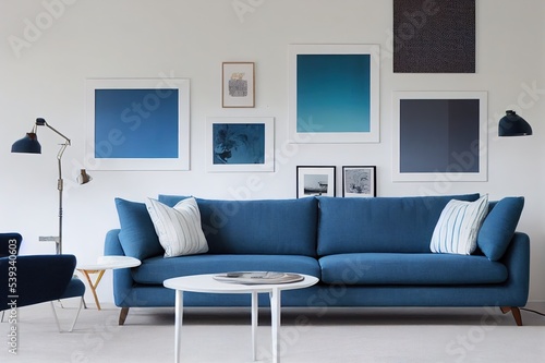 White living room with wood sofa, blue armchair, lamps, posters
