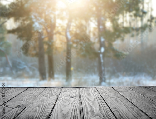 Empty wooden table in winte...