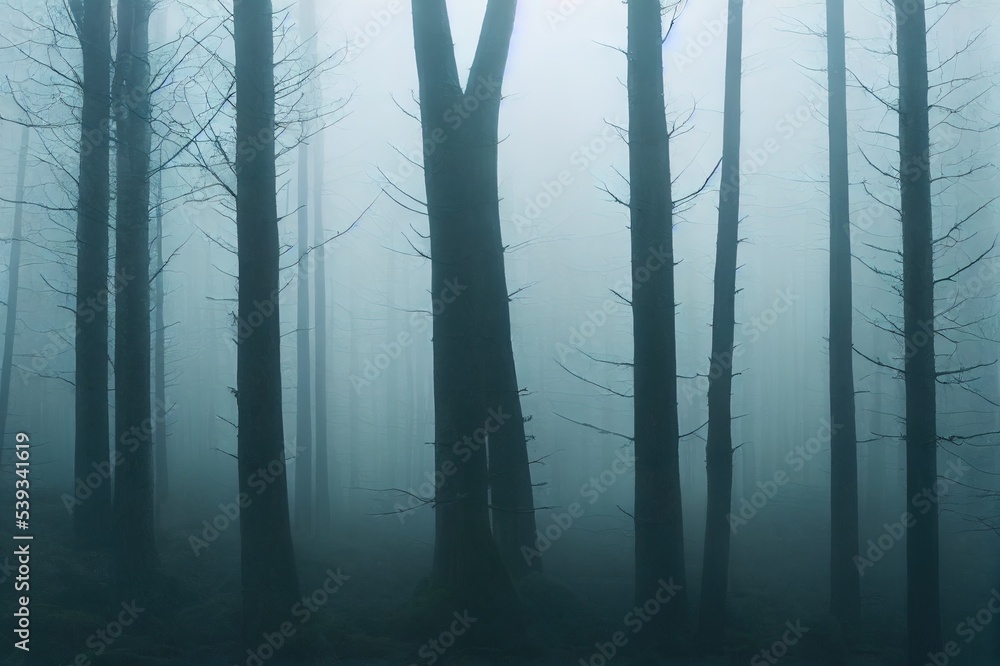 Obraz premium Mystic moody forest view with heavy fog and dark mysterious vibes. Foggy and misty nature scenery of a pine forest. Harz National Park in Germany. High quality Illustration
