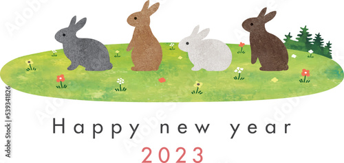 かわいい野ウサギ4羽と野原年賀状テンプレート