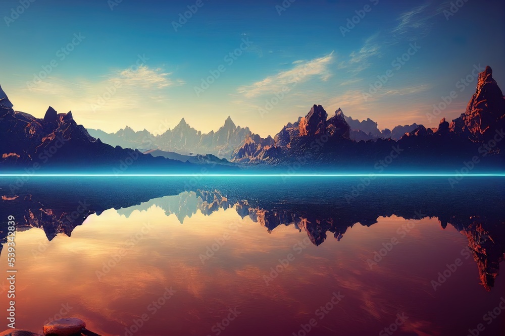 3d render. Abstract surreal seascape background with rocky mountains and mirror arches. Fantastic landscape wallpaper