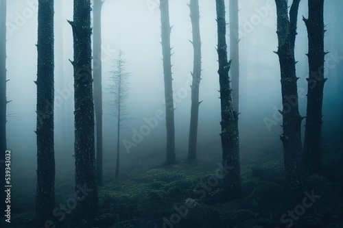 Mystic moody forest view with heavy fog and dark mysterious vibes. Foggy and misty nature scenery of a pine forest. Harz National Park in Germany. High quality Illustration © 2rogan