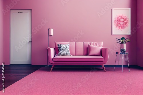 Stylish living pink tone room interior of modern apartment and trendy furniture  armchair on carpet floor and void circle wall and elegant accessories. Home decor  3D render  3D illustration