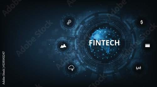 Financial technology and Business world class.Icon Fintech and things on dark blue technology background represents the connection Financial technology,banking and Business world class.