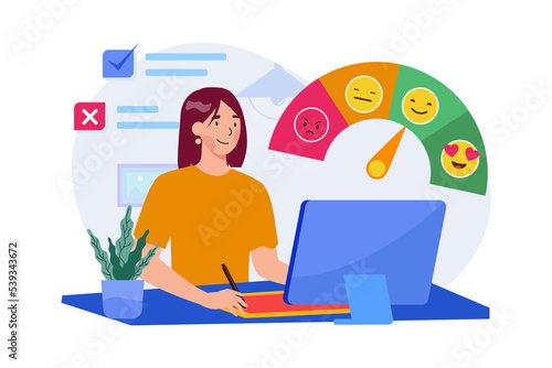 Woman pressing smiley face emoticon online to service rating.