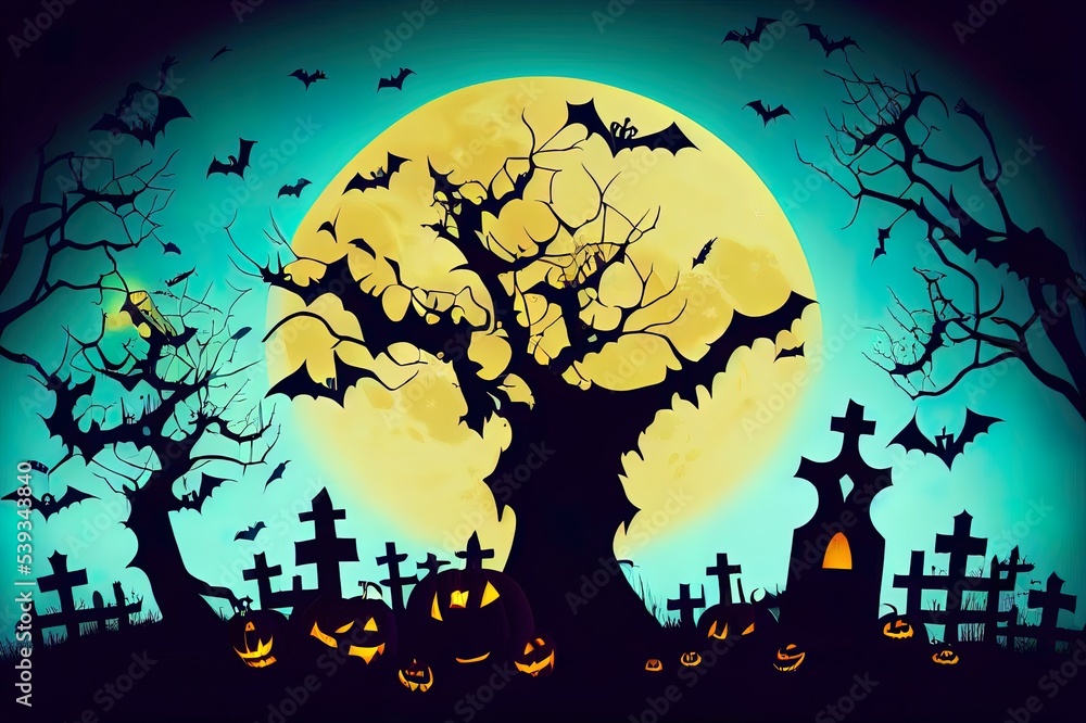 Happy Halloween background and scary tree pumpkin on graveyard full moon dark night and tombstone black bat. church on graveyard. 2d illustrated illumination