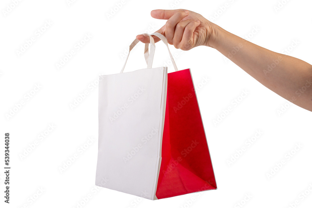 Hand Holding Paper Bag isolated on transparent background.