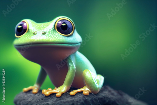 Cute green frog sitting on a rock, graphic. Generative AI
