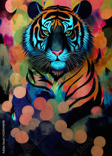 Tiger in the jungle at night  painted in mixed media  beautiful watercolor poster with stunning combinations   tropical flowers and beautiful paper textures