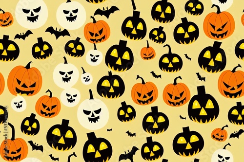Halloween Cute 2d illustrated Seamless Pattern Texture. Cartoon Pumpkin Boo, Bat, Web Hand drawn doodles design for baby clothes, nursery textile, wrapping paper. Halloween print, vintage repeat